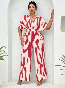 BIUBIU Allover Print Batwing Sleeve Belted Jumpsuit(Random Print) - Apricot Red Flower - View 1