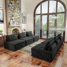 Sofá modular en forma de U con asiento profundo, de estilo moderno y sobredimensionado, con tela de pana cómoda, sofá seccional convertible con almohada móvil para sala de estar en el hogar, color negro - Negro - Ver 5