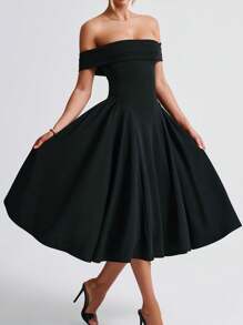 女士露肩优雅性感纯色鸡尾酒会礼服派对礼服婚礼宾客礼服