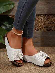 Women's Platform Wedge Sandals, Thick Sole Slip-On Outdoor Water-Resistant Non-Slip Slippers With Floral Decor, Summer - White - View 3