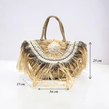 Summer Beach Sling Bag, Handmade Raffia Tote Bag With Shell Flower Decor, Large Capacity Raffia Beach Bag With Shell And Feather Decor, Fashionable Design, Classic Minimalist Style - Natural - View 4