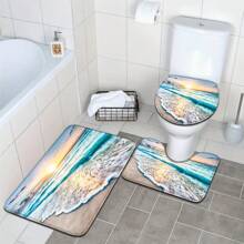 3pcs/Set Seaside Starfish & Shell Pattern Absorbent, Anti-Slip Bathroom Mats - U-Shaped Toilet Mat, Bath Rug