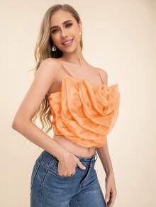 Spaghetti Strap Top With Floral Decoration - Orange - View 4