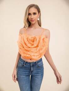 Spaghetti Strap Top With Floral Decoration - Orange - View 6