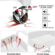 3-Tier Utility Rolling Cart,Mobile Utility Cart With Lockable Caster Wheels,Storage Shelves Organizer Cart, 3 Hanging Baskets, Easy Assembly,For Bathroom, Kitchen, Office, Workshop - 白色 - 查看 3