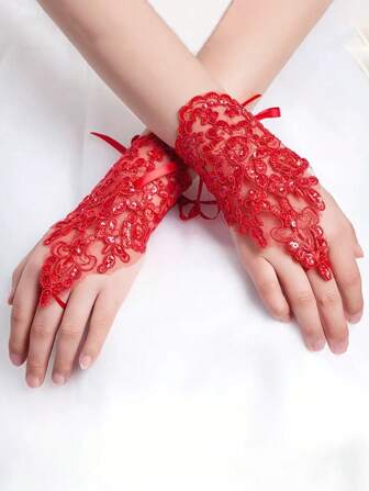 1 Pair Lace Rhinestone Fingerless Gloves, Suitable For Birthday, Party Decor, Flower Girl Wedding Dress, Performance And Other Occasions