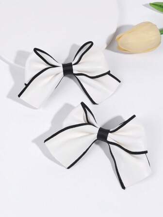 2 件装奶油白色女孩发饰米色皮革蝴蝶结鳄鱼夹纯色优雅发夹幼儿女孩蝴蝶结婚礼生日发夹儿童发饰