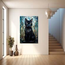 Black Cat Portrait In Stained Glass Style. Large Wooden Framed Wall Art Artist Home Decoration Oil Painting - Bedroom, Bathroom, Living Room, Office, Kitchen, Christmas Gifts - 1 Piece