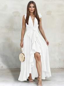 Maxi Vestido Elegante con Hombros Descubiertos y Escote Profundo en V con Volantes y Abertura en Pierna para Mujer - Blanco - Ver 3