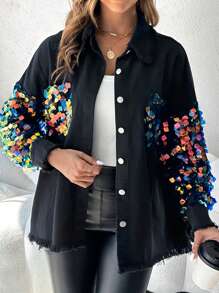ChicMe Contrast Color Sequin Long Sleeve Jacket, Button Front, Fuzzy Hem, Loose Shirt Style Top - Multicolor - View 7