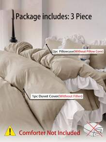 3pcs Khaki Ruffle Soft & Comfortable Bedding Set, Suitable For Bedroom & Guest Room - Khaki - View 4