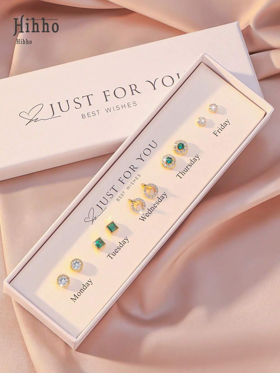 Hihho Set de 10 piezas de nuevos aretes tipo botón clásicos, con diseños redondos y cuadrados, con piedras de circonia verde, diseño minimalista para mujer (incluye caja de regalo) - Amarillo Oro - Ver 1