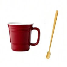 American Minimalist Ceramic Mug, Red Ceramic Mug, Creative Breakfast Cup With Spoon, Coffee Mug, Couple's Personalized Home Water Cup.