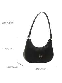 女士新款时尚纯色单肩包，金属蝴蝶结装饰新月包，休闲腋下包，街头风，适合年轻女孩购物、工作、通勤、日常使用 - 黑色 - 查看 4