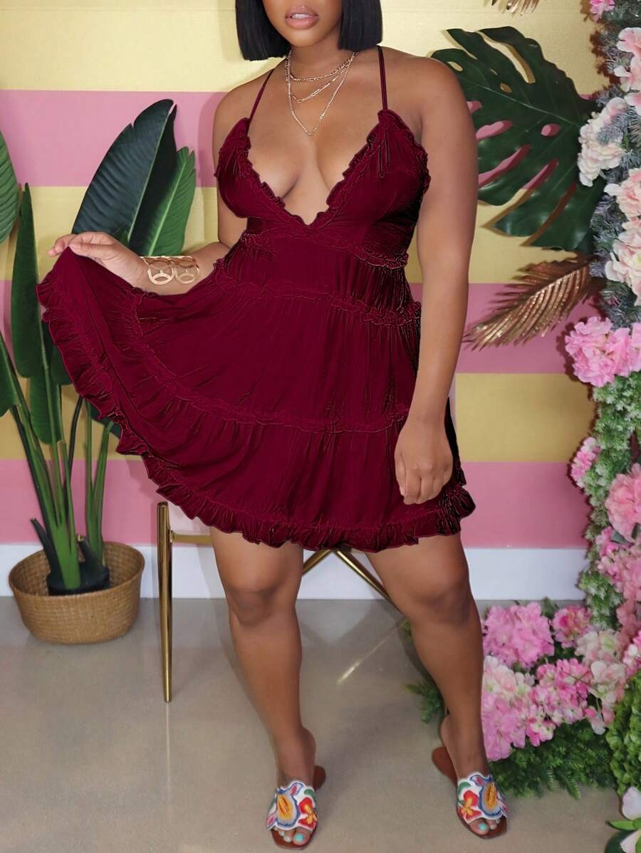 Women Casual Beach Vacation Solid Color Ruffle Trim Halter Neck Backless Dress