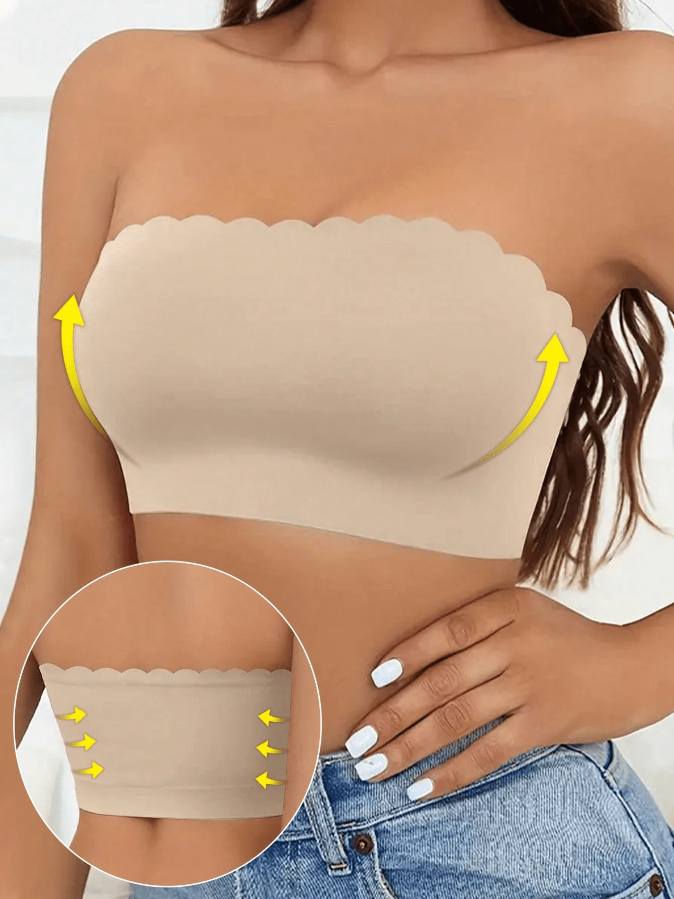 Soutien-gorge sans bretelles pour femmes, brassière sans couture sans fil, Top bandeau décontracté, confortable, élastique, avec bordure frisée, sans trace, sans rembourrage, sous-vêtements lissants, Top tube dos nu, sous-vêtements de base confortables, coupe douce, modèle sans bretelles polyvalent pour un port quotidien, soutien-gorge invisible, soutien-gorge de mariage