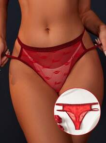 Sexy Red Lace Lips Print Thong Panties For Women