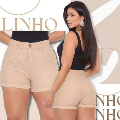 Shorts Feminino Em Linho Cor Bege Elegante Cintura Alta Com Bolsos Moda Verão
