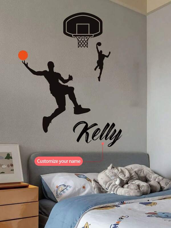 1pc Basketball Player Shooting Cartoon Wall Sticker, Customizable Text Wall Decal, Removable PVC Wall Art Decor For Bedroom, Living Room, Office, School Classroom