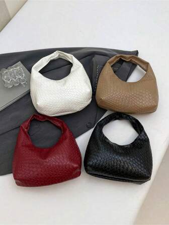 鳄鱼纹与石头图案女士包袋套装，时尚纯色单肩包，时尚拉链新月形手提包和钱包