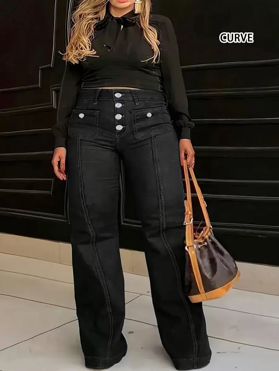 Plus-Size Women's Autumn Clothing, Everyday Casual Pants With Pockets, Buttons, Stretch, Flared, Denim, Long Pants - màu đen - Xem 1