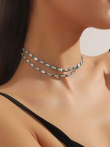 1 chiếc vòng cổ choker pha lê Zirconia trắng và xanh lá cây hai lớp họa tiết hoa dành cho nữ, phụ kiện trang phục trang trọng đa năng - Xem 3
