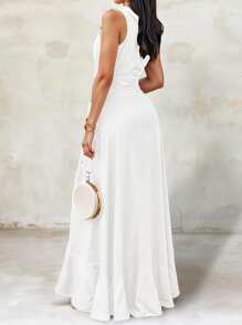 Maxi Vestido Elegante con Hombros Descubiertos y Escote Profundo en V con Volantes y Abertura en Pierna para Mujer - Blanco - Ver 2