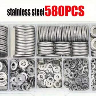 180/580 件不锈钢平垫圈套装，包括 9 种尺寸（M2-M12），适用于螺丝、螺栓和挡泥板 - 适用于家居装饰、工厂维修、厨房、商店等，圆形金属