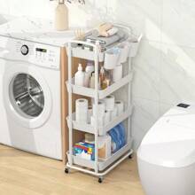 4-Tier Plastic Rolling Storage Cart Utility Cart With Extra Hanging Cups Handles Lockable Wheels For Living Room Bathroom Kitchen Office White