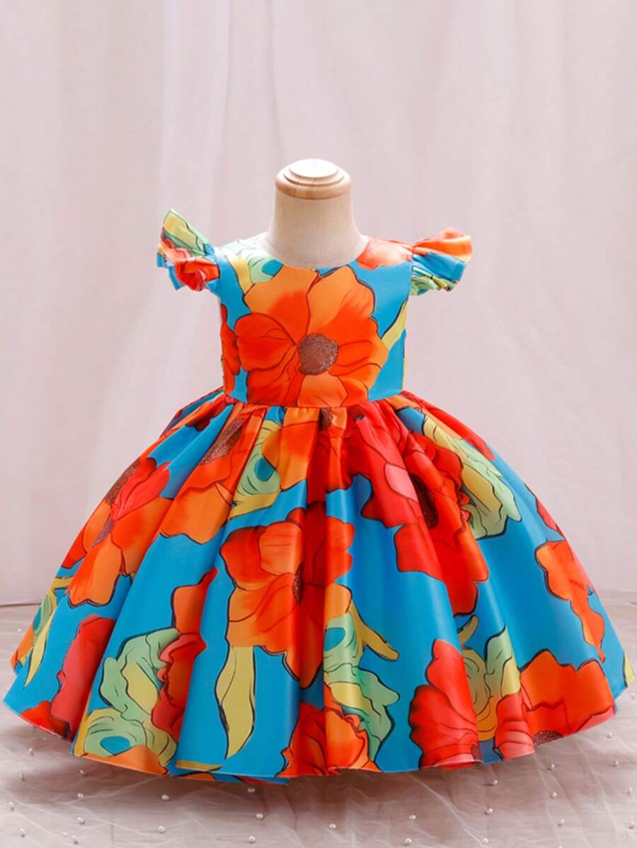 1pc Girls Floral Dress, Suitable For Baby Party, Birthday Banquet, School Piano Recital