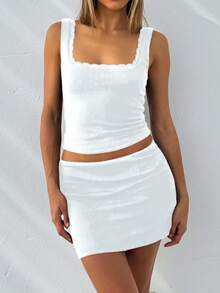 女式两件套夏季 Y2K 性感蕾丝下摆背心和裙子