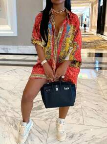 Casual Baroque Print Single Breasted Shirt, Suitable For Spring & Autumn - Red - View 6