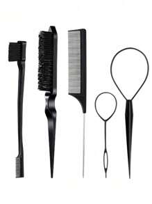 Juego de peluquería para niños de 5 piezas, 2 herramientas de cola superior, 1 cepillo para cardar la melena, 1 cepillo de bordes, 1 peine de cola de ratón estilo femenino, peinado de cabello volador, peinado de bordes y hacia atrás, adecuado para el juego de cepillos para el cabello de niñas