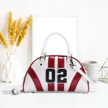 Women Shoulder Bag, PU Leather Contrast Color Numbers Handbag Zipper Closure Crossbody Bag - White - View 3
