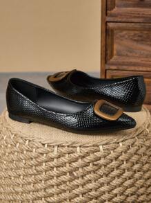 Women's Fashion Flat French Vintage Loafers With Square Buckle, Green Pointed Toe Soft Bottom Comfortable Work Flats, Elegant Lady Soft Leather Slip On Flat Shoes - 黑色 - 查看 6