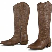 Women's Cowboy Boots Mid Calf Embroidered Western Pointed Toe Chunky Heel Pull On Boots, Cowgirl Style - Solid Brown - View 4