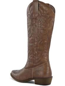 Women's Cowboy Boots Mid Calf Embroidered Western Pointed Toe Chunky Heel Pull On Boots, Cowgirl Style - Solid Brown - View 5