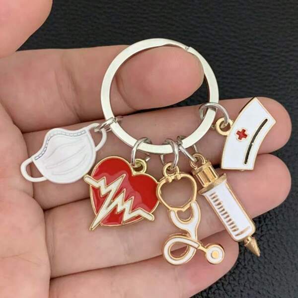 Chaveiro de estetoscópio com seringa em formato de coração vermelho para enfermeira/médica, adequado para presente de Natal, acessórios para carro, bolsa, mochila, para escola
