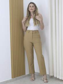 Women's Refreshing Plain Tailored Trousers With Button - Maxma 6631 - Khaki - View 2