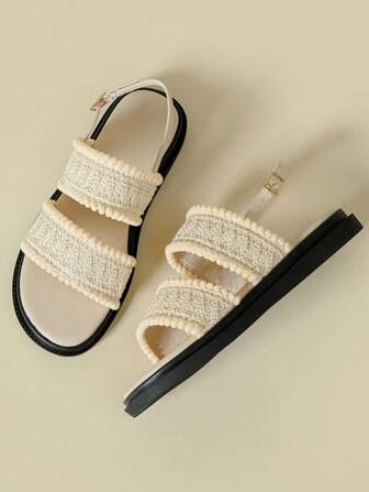 厚底带扣凉鞋，适合户外/海滩，露趾复古，防滑舒适流苏编织网眼坡跟软底夏季新款罗马鞋