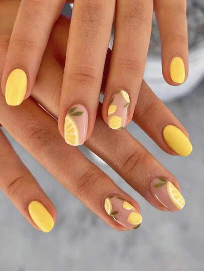 24pcs Short Square Nail Stickers, Express Your Love! Elegant & Cute Lemon Yellow, Leaf Yellow, Bright Yellow Lemon Shades, Create Charming Spring/Summer Nail Art. Full Coverage Nail Stickers Suitable For Women & Girls. Set Includes 1pc Nail Salon Gel Polish & 1pc Nail File. Gel Polish Shipped Randomly. Nail Care Supplies. Nails