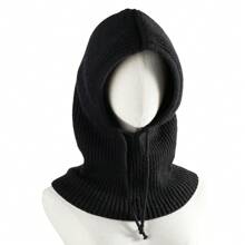 1pc Women's Green Drawstring Faux Collar Wool Balaclava Hat, Outdoor Ski Warm Knitted Face & Neck Protective Cowl Hood, Suitable For Winter Cold Protection