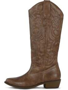 Women's Cowboy Boots Mid Calf Embroidered Western Pointed Toe Chunky Heel Pull On Boots, Cowgirl Style - Solid Brown - View 6