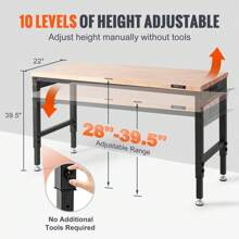 Ataucjin Adjustable Workbench, 60" L X 22" W, 28"-39.5" Heights, 2000 Lbs Load Capacity, Garage Worktable With Universal Wheels, Power Outlets & Hardwood Top & Storage & Foot Pads, For Office & Home