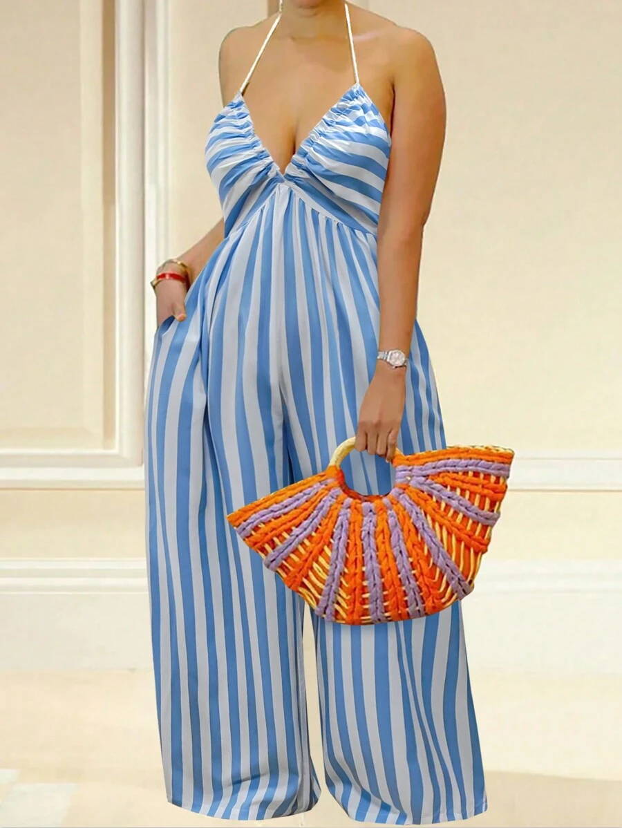 Bộ jumpsuit nữ màu xanh nhạt kẻ sọc dáng rộng, cổ yếm, hở lưng, thắt nơ, thích hợp cho kỳ nghỉ nhiệt đới, trang phục dự tiệc brunch, đồ đi biển, trang phục mùa hè, phong cách boho thanh lịch. - Nhiều màu - Xem 1