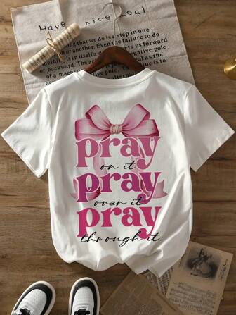 Tween Girl Bowknot And Slogan Print Crew Neck T-Shirts Summer Girl's Casual Tee Soft Tops