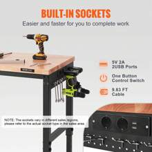 Ataucjin Adjustable Workbench, 60" L X 22" W, 28"-39.5" Heights, 2000 Lbs Load Capacity, Garage Worktable With Universal Wheels, Power Outlets & Hardwood Top & Storage & Foot Pads, For Office & Home