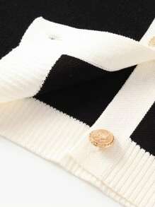 Seelio Women's Short Sleeve Knit Sweater, New French Style Color Block Button Round Neck Fitted T-Shirt Knit Jacket