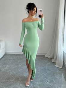 abyoxi Solid Color Sexy Off Shoulder Long Sleeve Ruched Ruffle Asymmetric Hem Bodycon Dress, Casual, Simple, Elegant, Fantasy, Party, Autumn And Winter New Women's Clothing