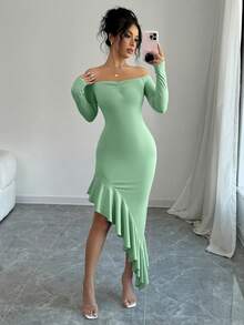 abyoxi Solid Color Sexy Off Shoulder Long Sleeve Ruched Ruffle Asymmetric Hem Bodycon Dress, Casual, Simple, Elegant, Fantasy, Party, Autumn And Winter New Women's Clothing